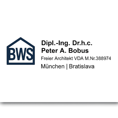 BWS München + Bratislava Logo von BWS mit dem Namen Peter A. Bobus, freier Architekt in München und Bratislava.